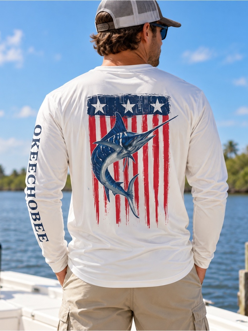 Fish Of Lake Okeechobee USA FIshing Shirt Long Sleeve UPF 50 Mens Medium White